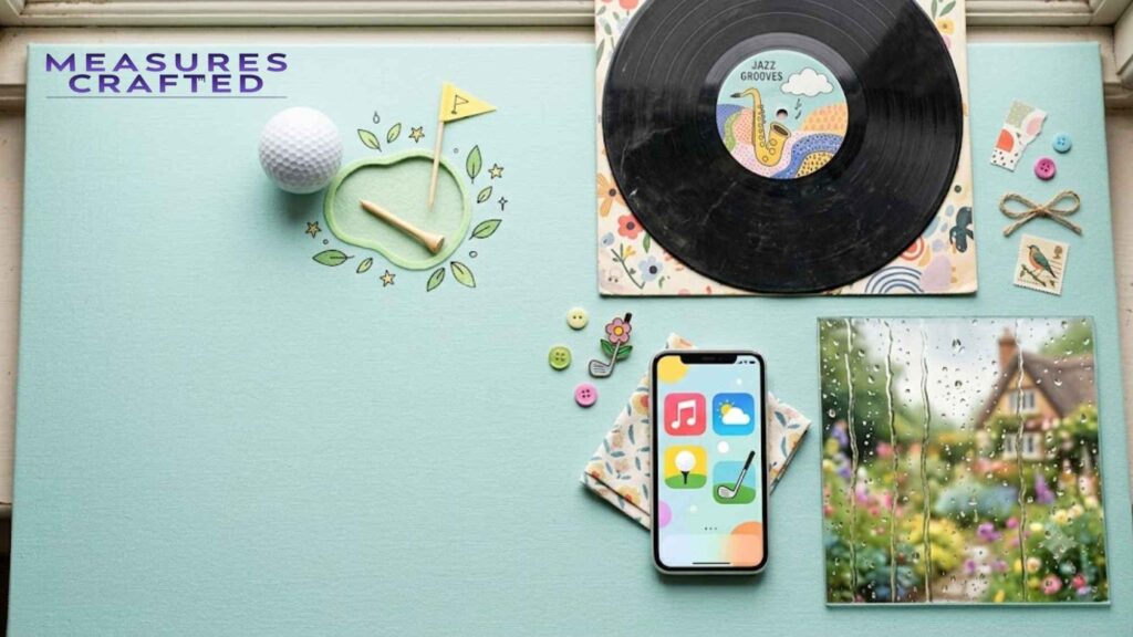 Pastel flat-lay featuring a record, phone, and golf ball. A rain-streaked glass pane rests in the bottom corner.