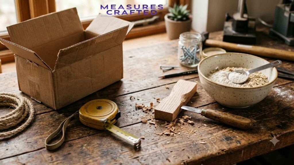 A rustic workbench with a box, tools, and a tape measure. A mixing bowl with flour and oats sits nearby.