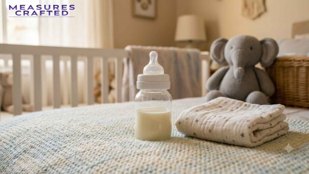 A baby bottle with milk and folded cloths rest on a blanket. In the blurred background of a nursery are an elephant toy and a crib.