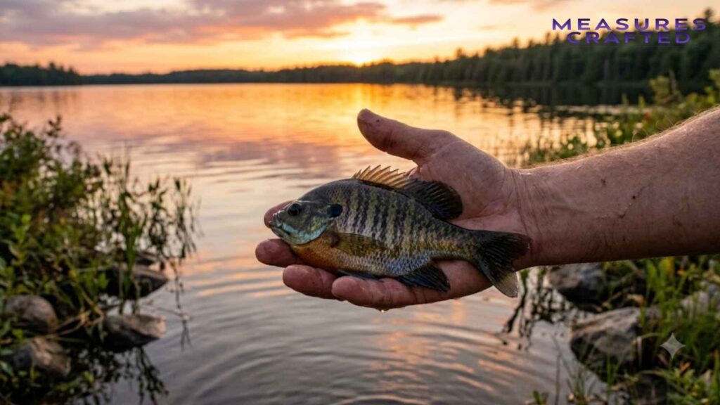 A person's hand holds a small 5 inches bluegill fish just above the surface of a lake. A scenic sunset reflects in the water with a distant forest skyline.