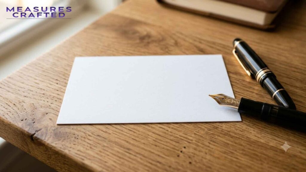 A blank white 5 inches card on a textured wooden table. A black and gold fountain pen rests uncapped beside it.