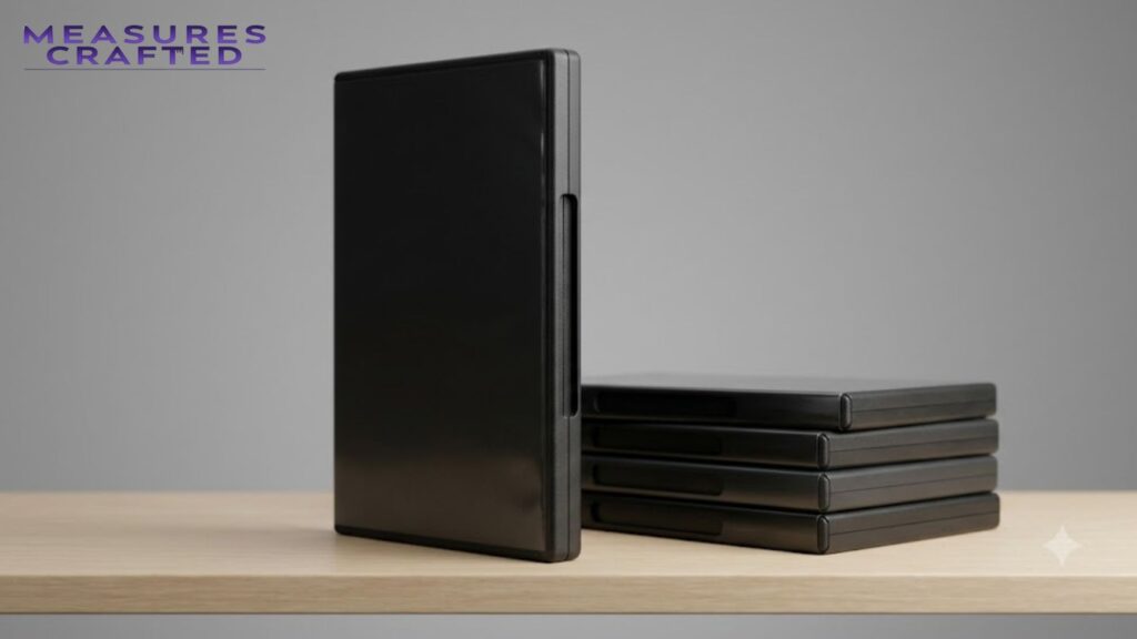 A single 5 inches black media case stands upright beside a stack of four matching horizontal cases. They rest on a light wood shelf against a gray background.