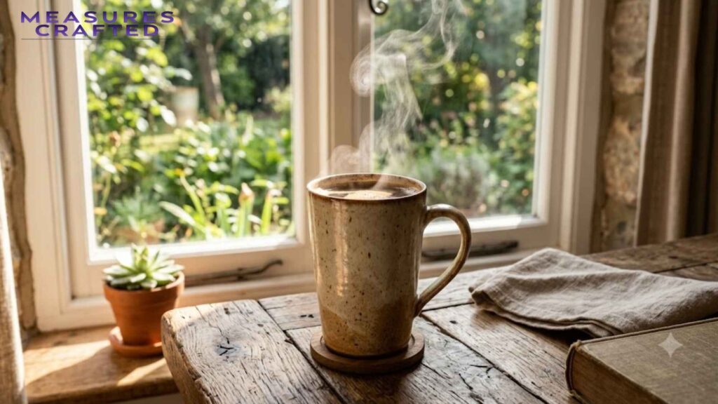 A steaming ceramic mug of coffee sits on a rustic wooden table window. A small succulent is on the sill, and a garden is visible through the glass.