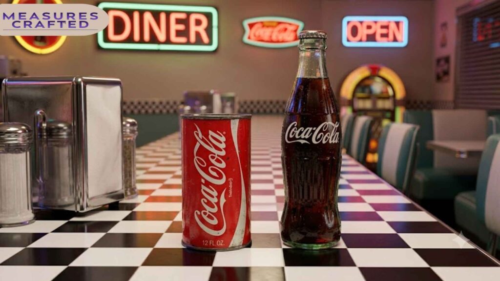 A vintage steel Coke can stands next to a classic glass contour bottle.
They rest on a rustic wooden table against a warm, blurred background.