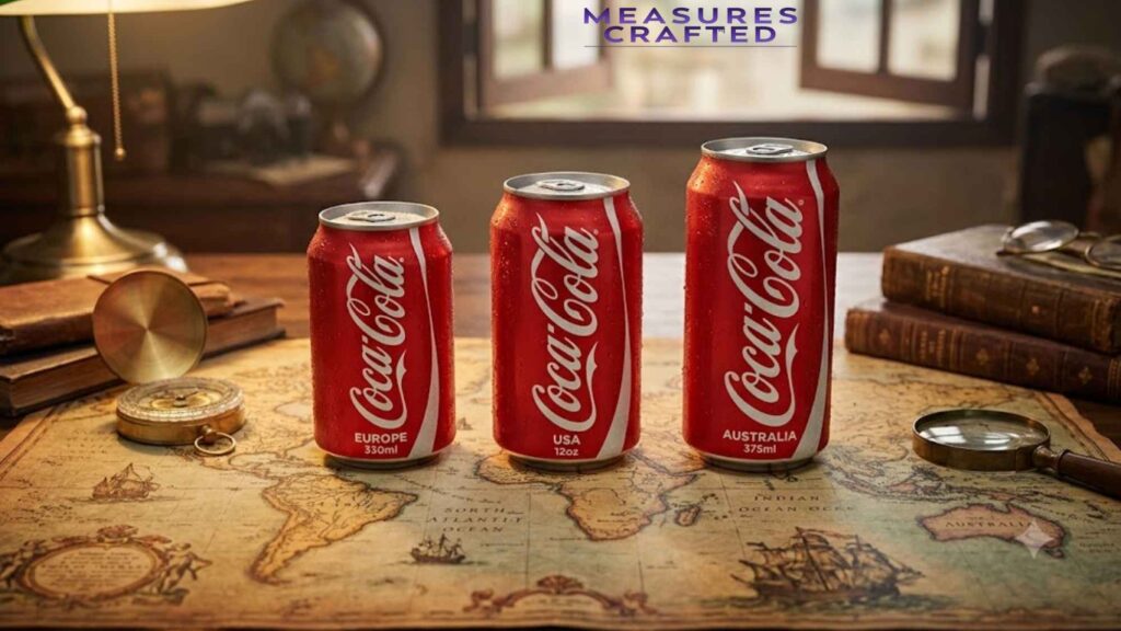 Three Coke cans showing regional sizes on an antique world map. The setting features vintage books and a compass on a wooden desk.