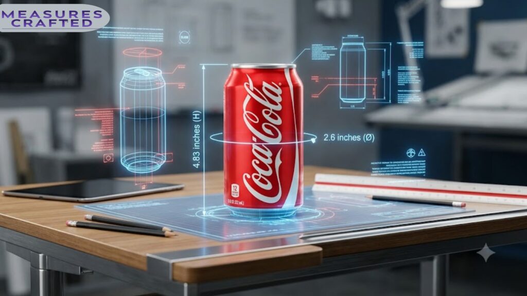 A red Coke can on a desk with holographic blueprint overlays. Hovering schematics and measurement callouts surround the product.