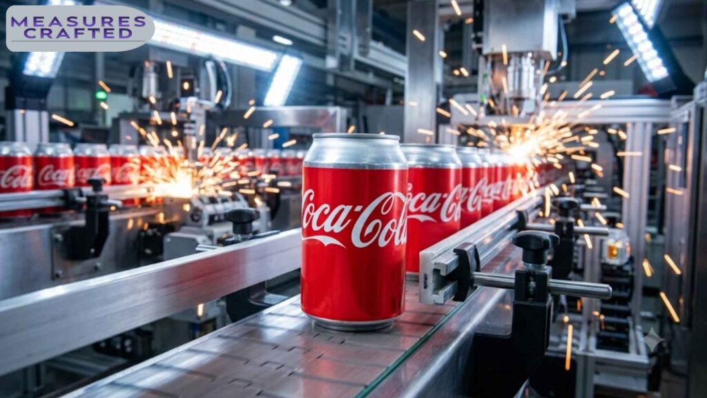 Cans of Coca-Cola move along an automated conveyor belt. Sparks fly in the background of this modern production facility.