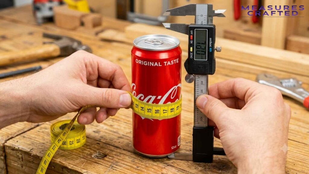 A person measuring a red Coca-Cola can on a wooden workbench. Uses a yellow tape and a digital caliper.