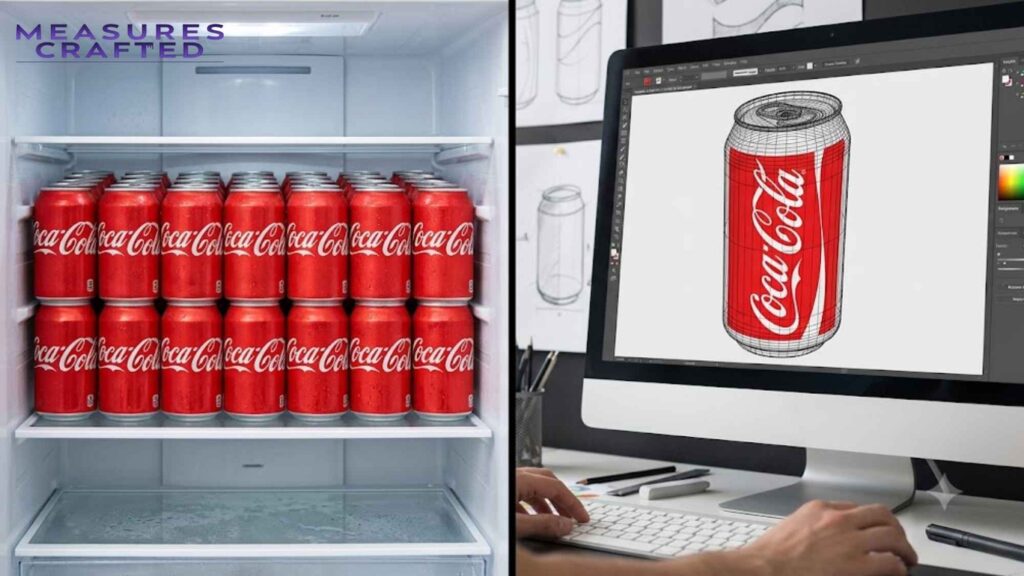 A refrigerator packed with Coca-Cola cans. A computer monitor displays a digital design of a can.