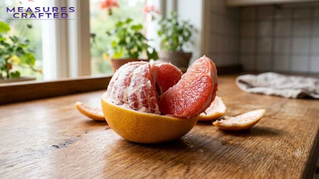 A close-up of a peeled grapefruit with one juicy pink segment opened wide. The fruit sits on a wooden counter.