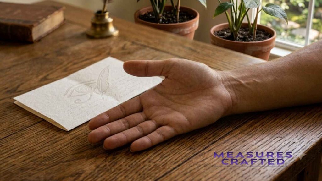 A hand and an embossed card on a wooden table in front a window featuring 5 inches.