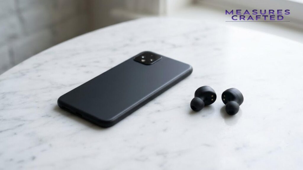 Black 5 inches smartphone face down on a marble surface. True wireless earbuds resting next to it.