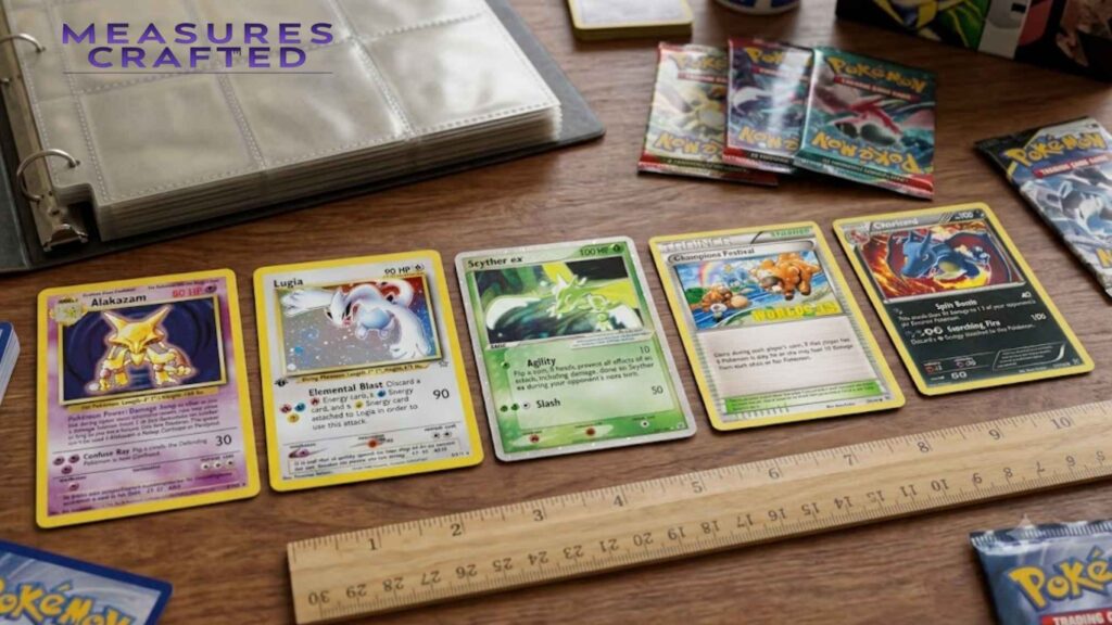 Pokémon trading cards from various generations laid out on a wooden desk next to a ruler.