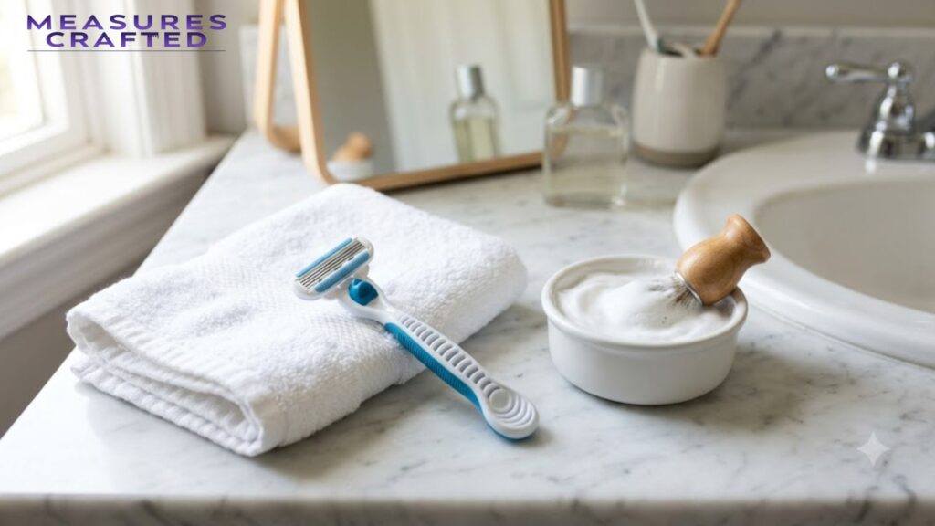 A 5 inches razor rests on a folded towel on a marble counter. Next to it, a wooden shaving brush sits in a bowl of foam.