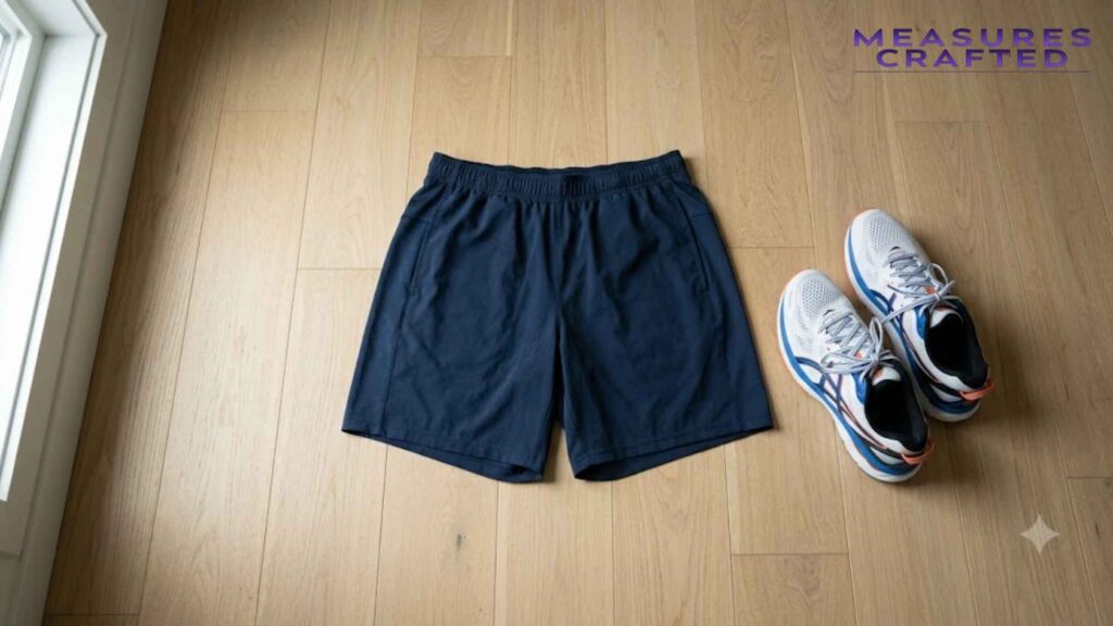 A dark navy blue running shorts and a pair of white running shoes on a wodden floor.
