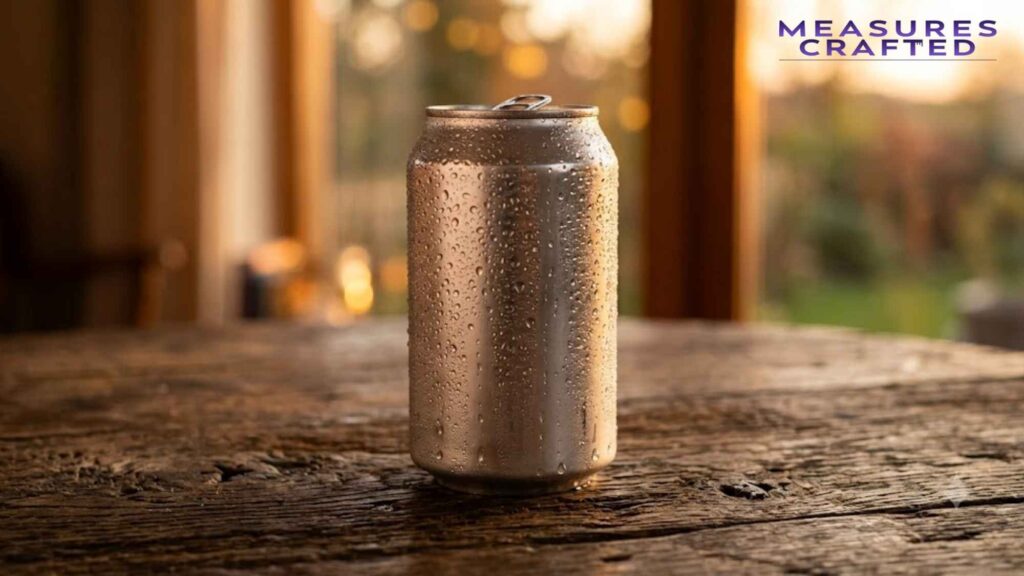 A condensation covered 5 inches aluminum can On a rustic wooden table with a sunlit background