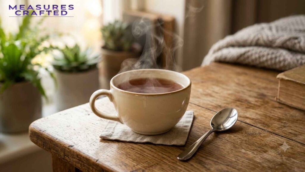 A steaming ceramic 5 inches mug of tea on a wooden table. A silver spoon is nearby with potted plants in the background.