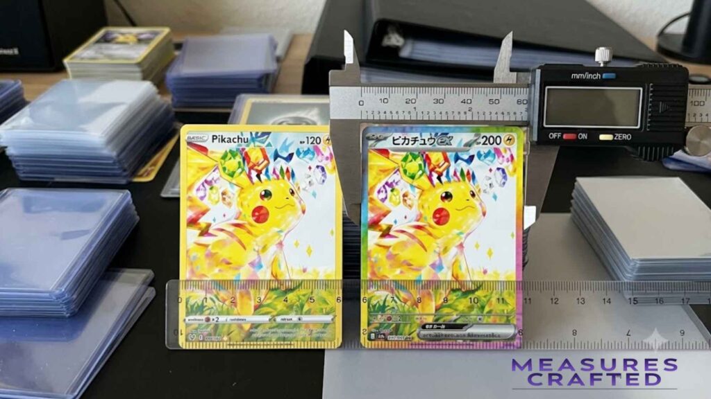 A ruler and digital caliper are used to measure English and Japanese Pikachu Pokémon cards placed side-by-side.