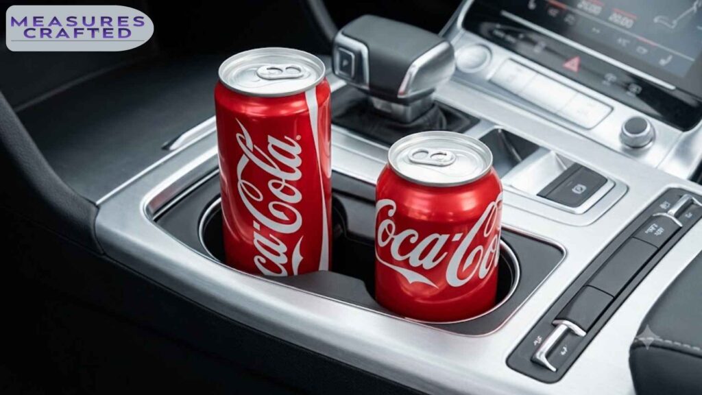 Two red Coke cans, one taller than the other, in a car's center console cup holders.