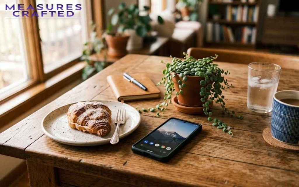 A breakfast scene with a croissant, notebook, and smartphone on a wooden table. A lush, trailing succulent and other houseplants fill the background room.