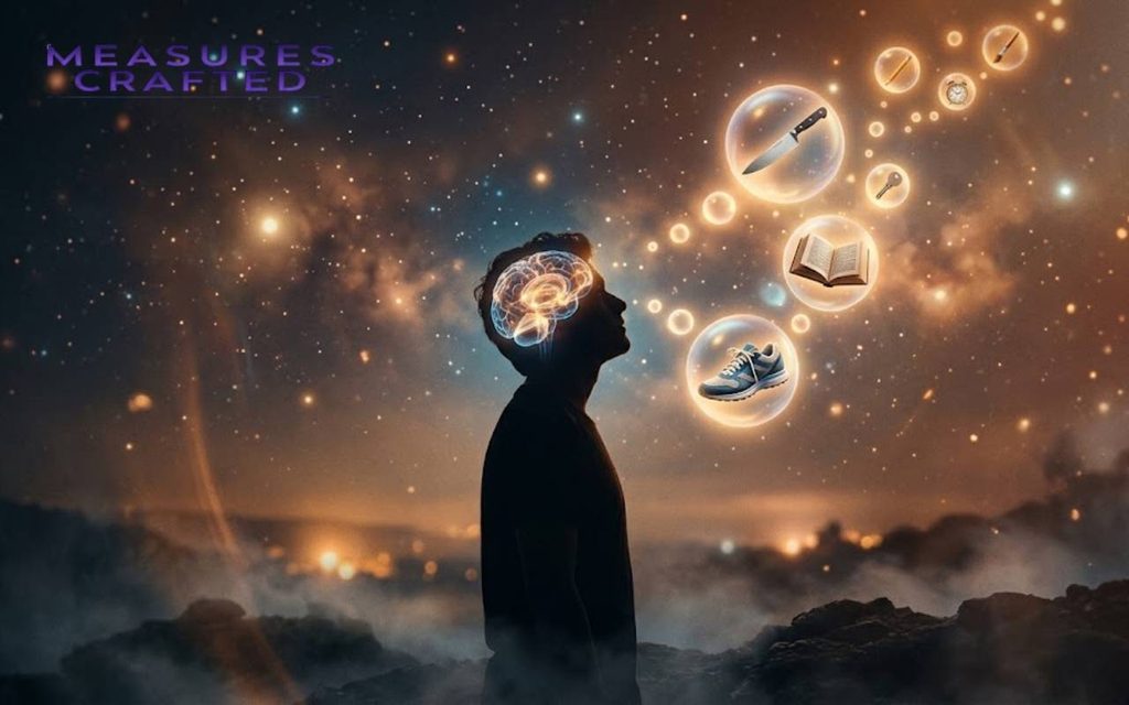 A silhouette of a person with a glowing brain, looking up. Floating bubbles contain objects (shoe, book, knife, key, clock, brush, pencil) rising into a starry sky