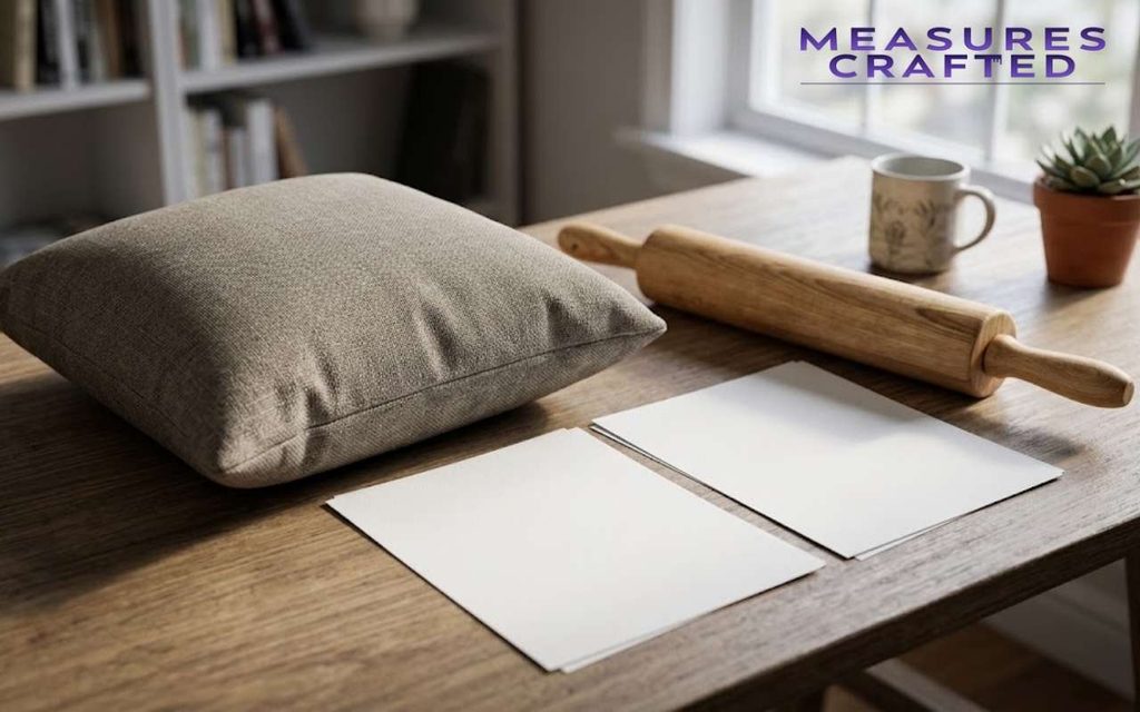 A textured throw pillow, blank sheets of paper and a wooden rolling pin rest on a sunlit wooden table featuring 18 inches.