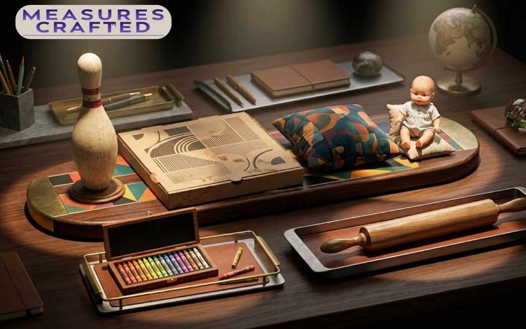 A collection of 18 inches eclectic artifacts and design objects spotlighted on a wooden desk. Featured items include a bowling pin, custom-patterned boxes, throw pillow with a doll, crayons, and rolling pin.