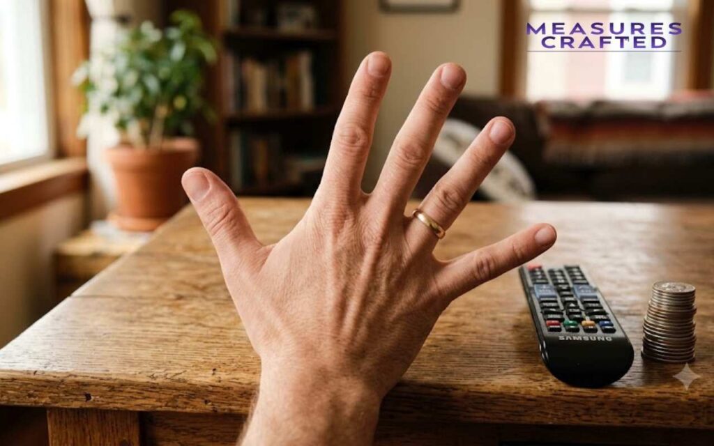 A close-up of a splayed hand with a gold ring on a rustic wooden table. Beside the hand are a TV remote and a small stack of coins.