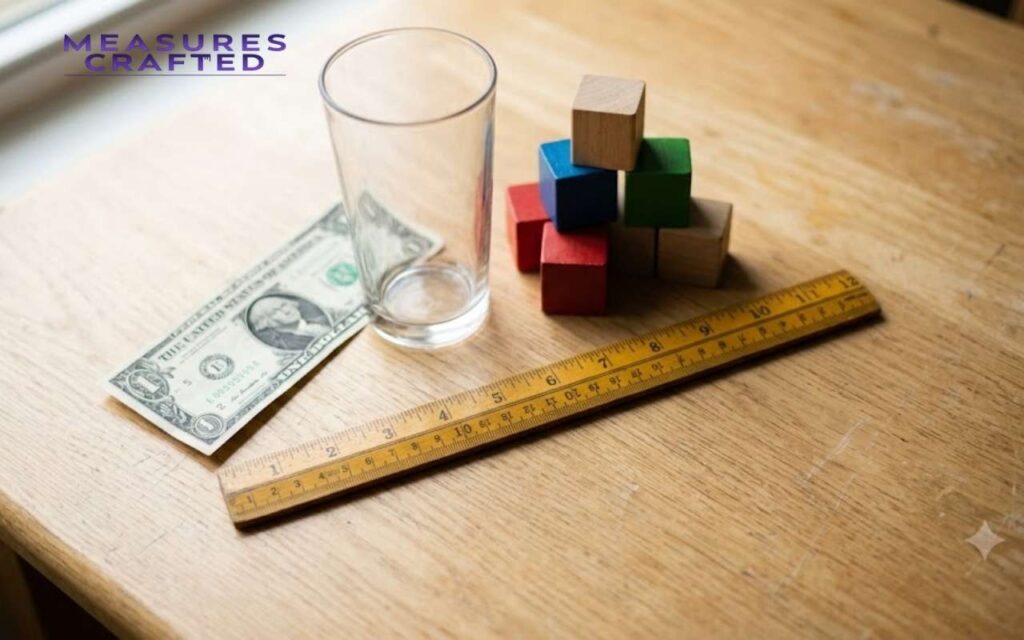 A dollar bill, clear glass, colorful toy blocks, and a vintage wooden ruler. Arranged on a light wood table surface with natural daylight.