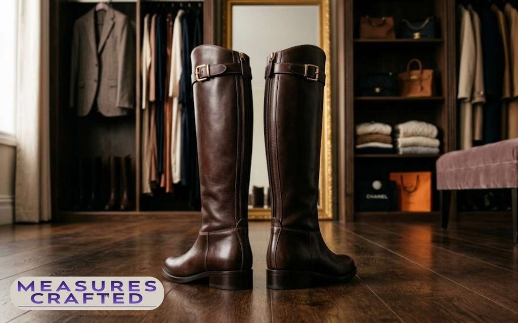 Back view of dark brown 18 inches leather riding boots on a dark wood floor. Set in a walk-in closet with clothes, handbags, and a window.