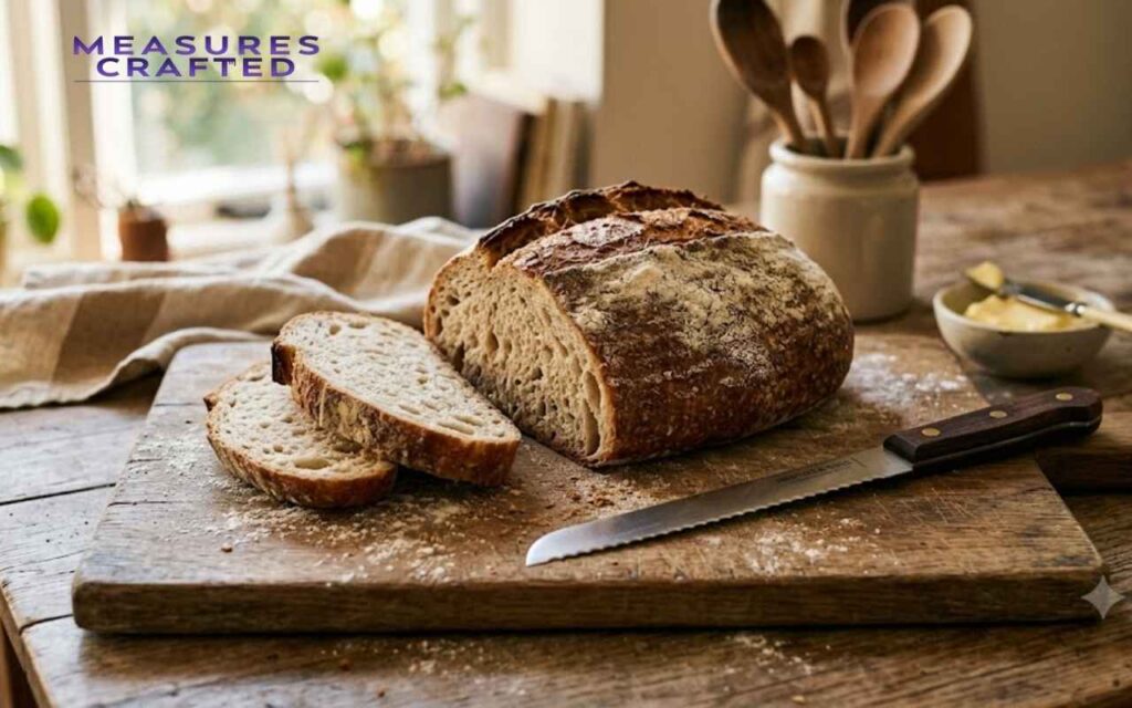 A loaf and two slices on a rustic wooden board with a serrated knife. Sunlit kitchen setting with butter and wooden utensils in the background.