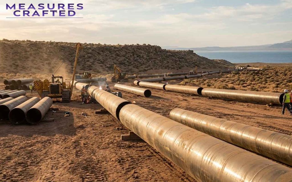 Workers and heavy machinery install a large pipeline in a desert. The construction site overlooks a wide lake.