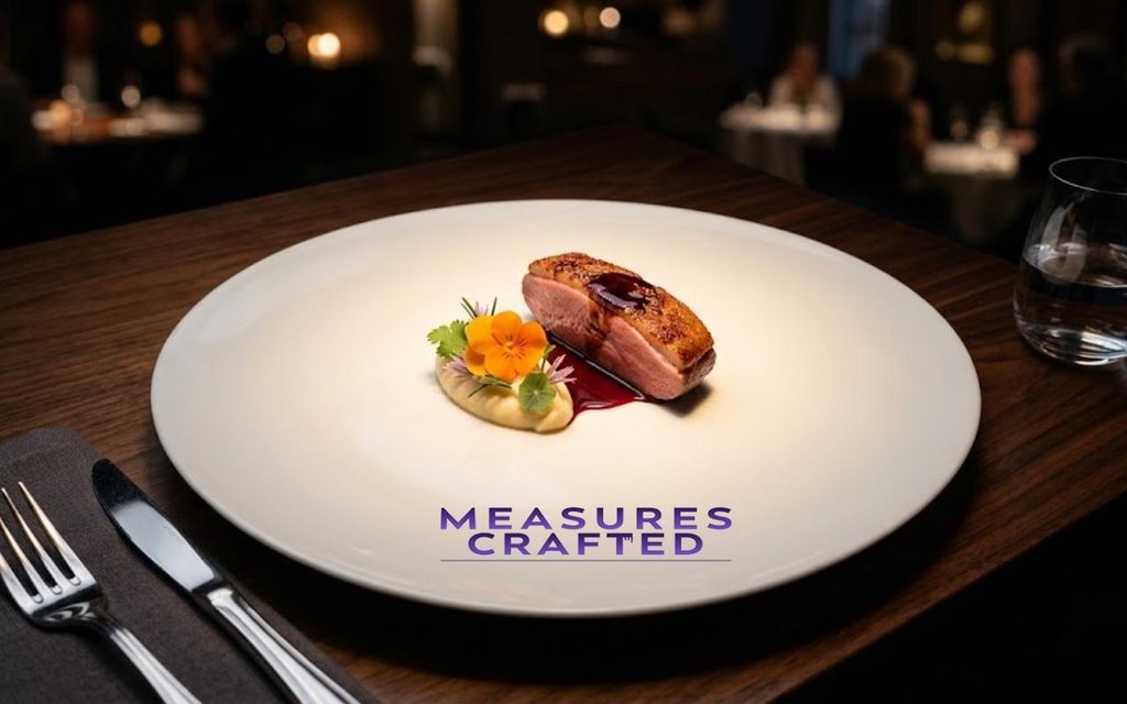 A gourmet seared meat dish with red sauce and orange flower garnish on a large white plate. Set on a dark wood table in a dimly lit restaurant.