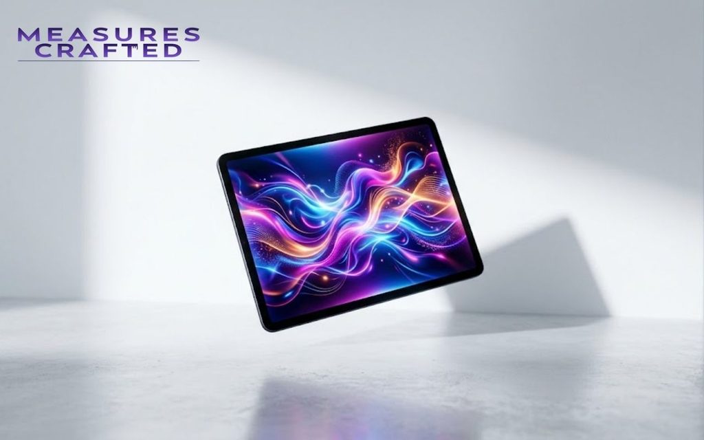 A floating tablet in a minimalist white studio. The screen displays vibrant, abstract neon light waves.