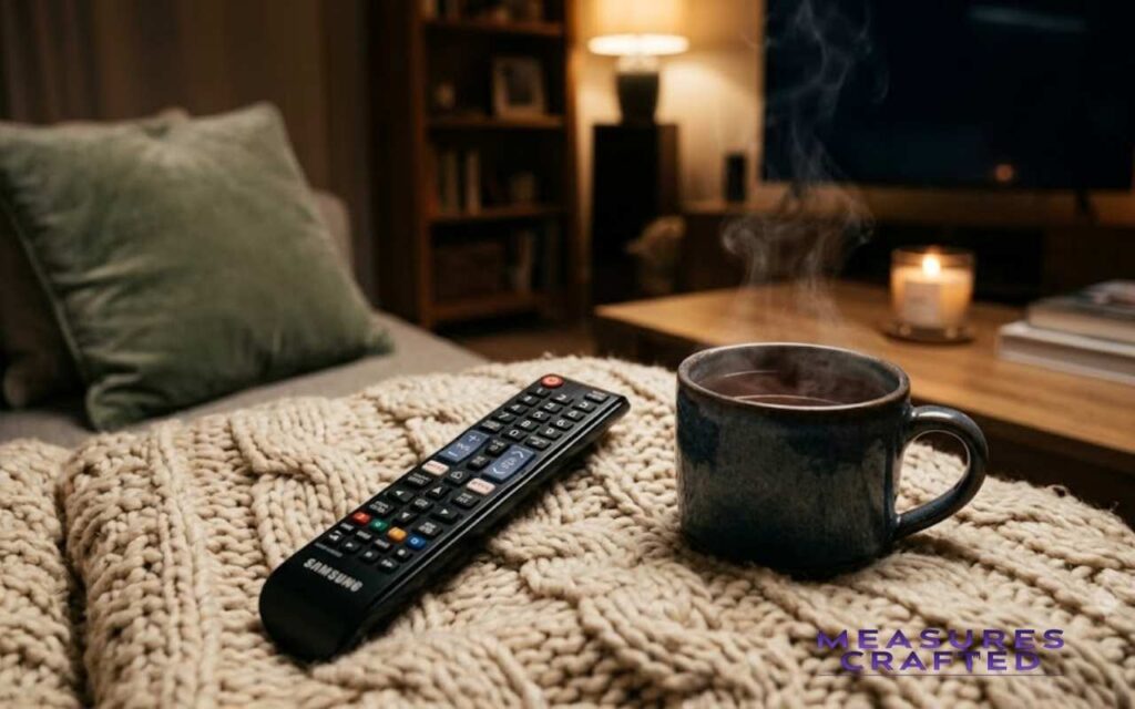A TV remote and a steaming mug on a knitted blanket. Cozy living room background with a lit candle and sofa.