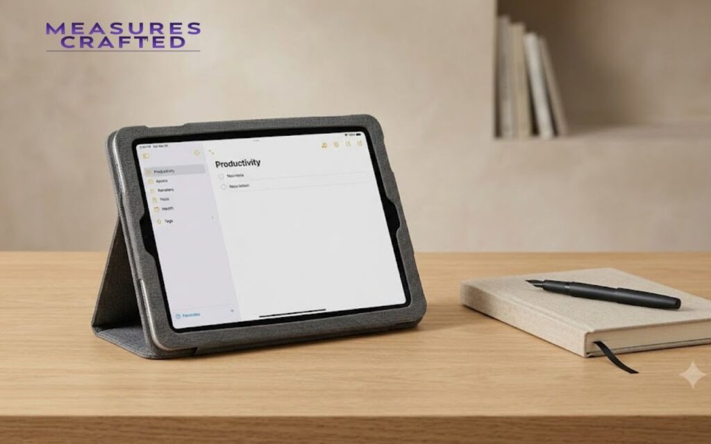 A tablet in a grey stand case displaying a notes list. A closed notebook and pen sit beside it on a wooden desk.