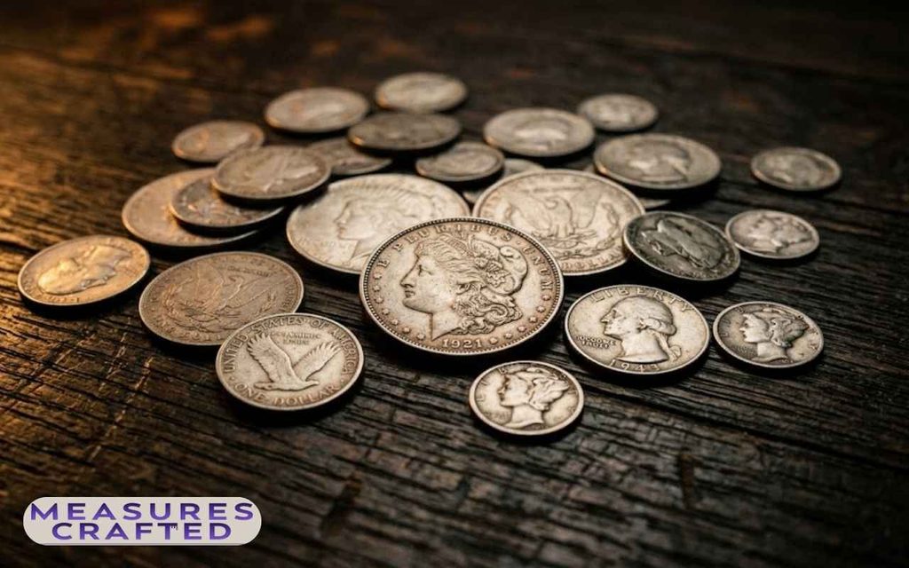Vintage US silver coins, featuring a central 1921 Morgan dollar. Scattered across a dark wooden surface with warm, dramatic light.