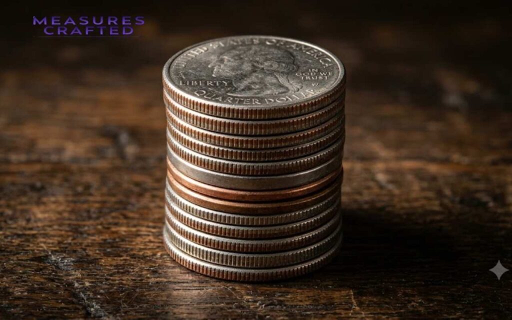 A neat stack of mostly silver US quarters on a dark, rustic wooden table. A single copper penny is sandwiched in the middle of the coin stack.
