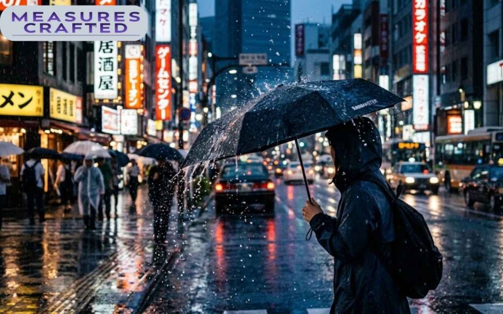 A person with an umbrella walks on a rainy city street at night. Glowing neon signs are reflected on the wet pavement and passing traffic.