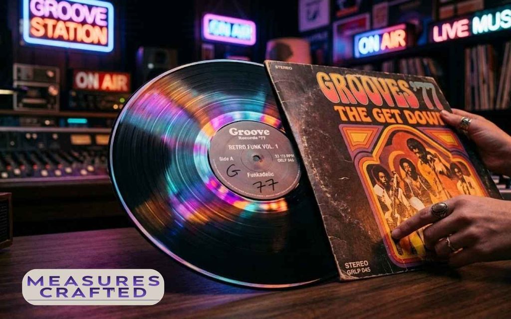 A person holds an 11 inches vintage funk album cover with ringed fingers in a studio. Beside it, a rainbow-holographic vinyl record reflects vibrant neon signs.