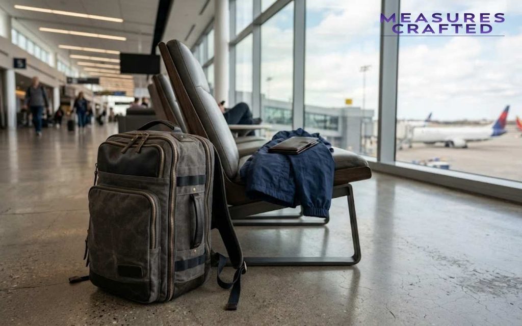 A grey backpack sits on an airport terminal floor next to a bench. A blue jacket and a phone rest on the bench, with a commercial airplane visible outside.