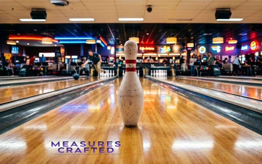 A single, worn bowling pin sits on a highly polished wooden lane. A bowler is visible in the background of a bustling, neon-lit alley.