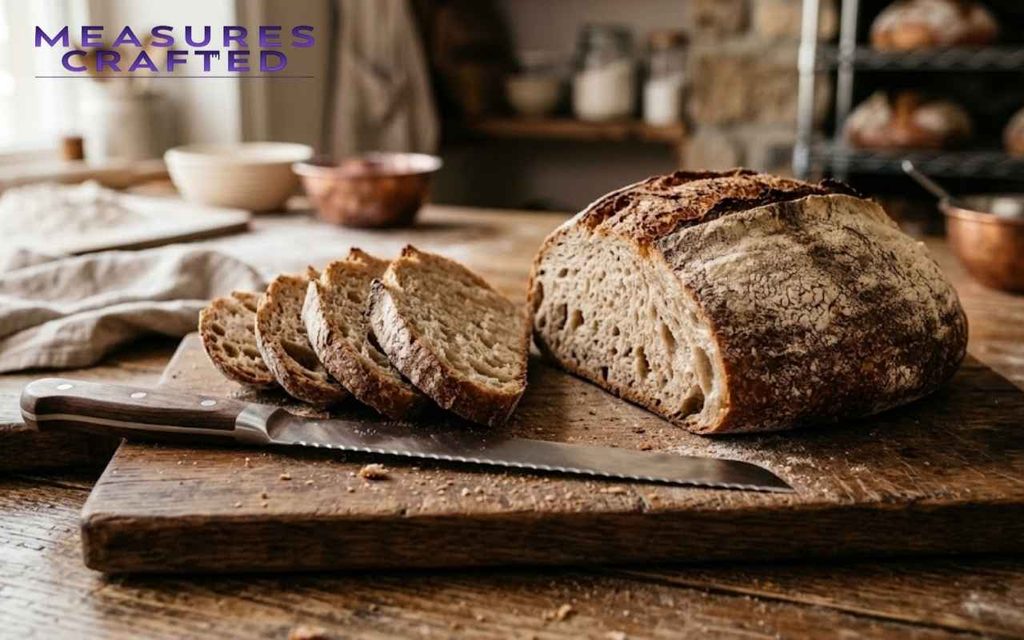 A rustic sourdough bread loaf is sliced on a wooden board. A 10 inches bread knife with a wooden handle rests next to the slices.