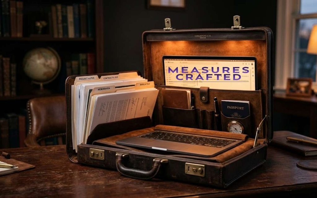 11 inches vintage leather briefcase workstation open on a wooden desk. Contains a laptop, a screen, file folders, and a passport in slots.