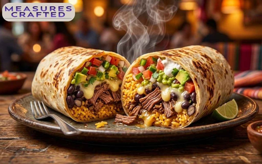 A large11 inches burrito is cut in half, revealing a full filling of shredded beef, yellow rice, black beans, and colorful guacamole and salsa.