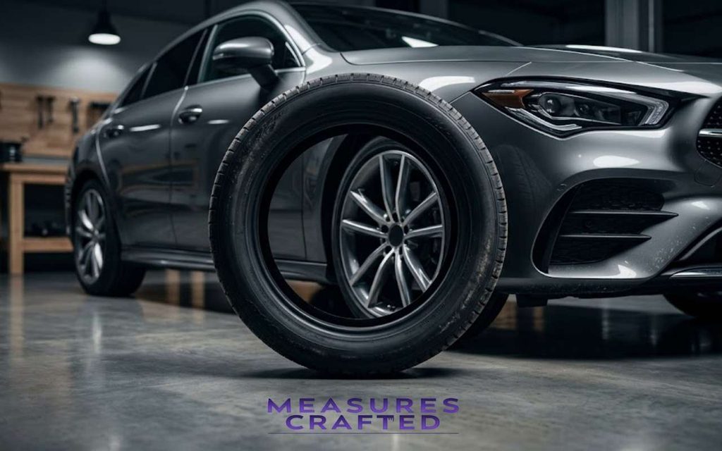 A close-up view of an upright vehicle tire. The detailed tread pattern and sidewall text are clearly visible.