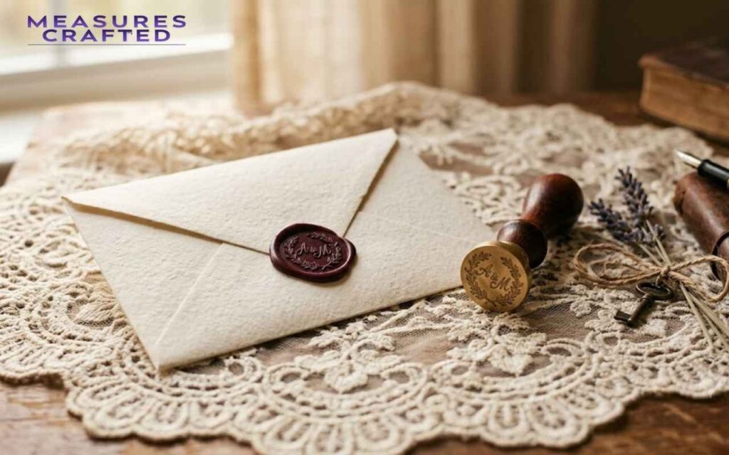 A close-up of a sealed cream envelope and a brass wax stamp on a lace doily featuring 8 inches.