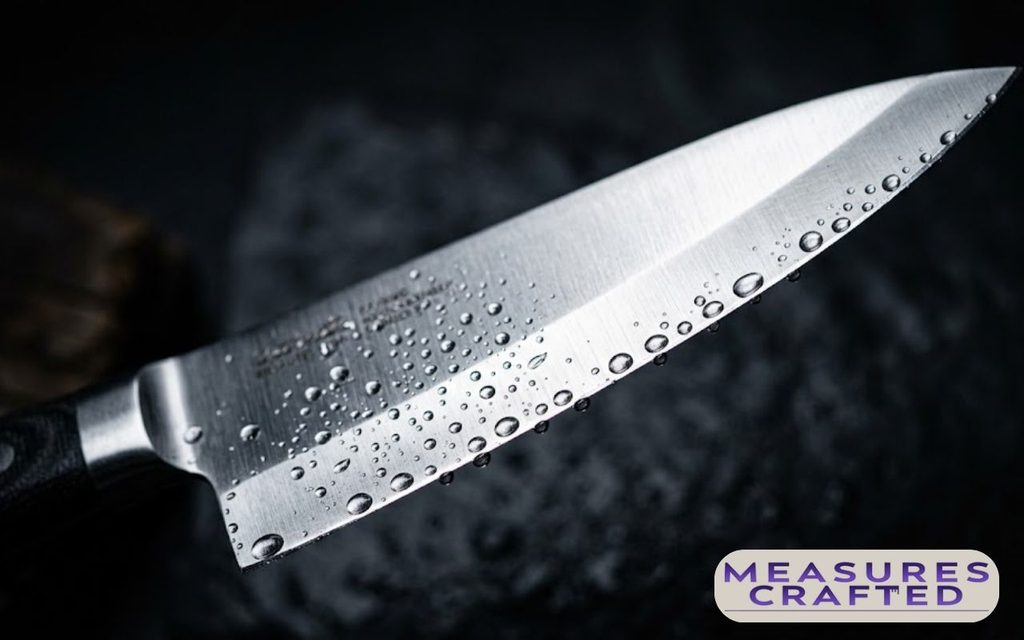 Close up of a stainless steel chef's knife blade. Water droplets cover the metal against a dark, textured background.