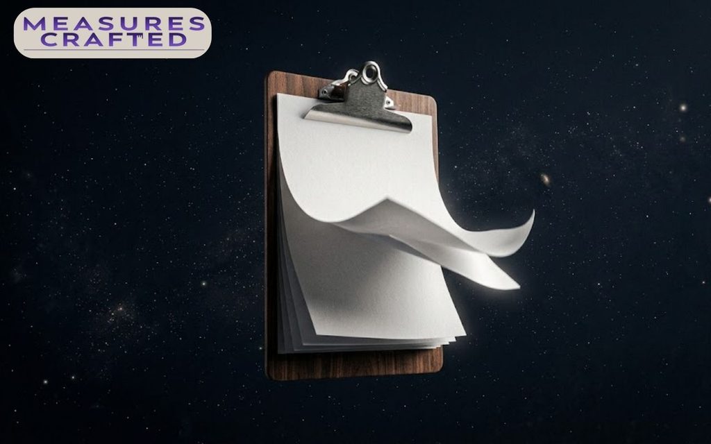 An 11 inches clipboard floats vertically against a dark, starry space background. Blank pages attached to the clip flutter gently outward in the void.