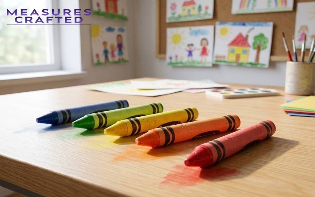5 crayons lined up on a wooden art desk. A sunlit window and bulletin board with children's drawings are in the background.